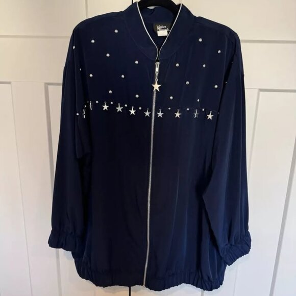 Silver Threads Navy Blue Jacket Size XL Vintage 90s Silver Stars Zip Retro - Picture 1 of 8